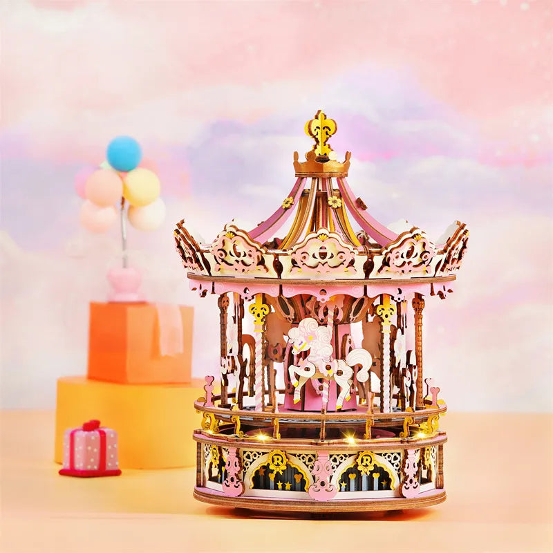 3D Wooden Puzzle Music Box: Romantic Carousel