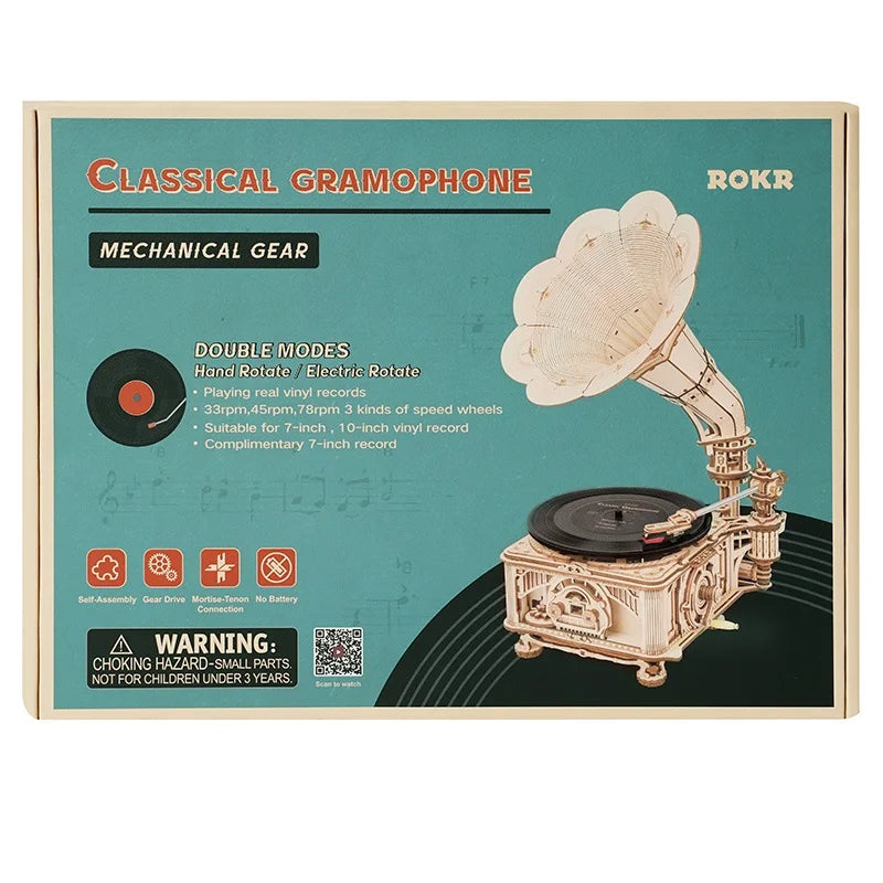 Hand Crank Classic Gramophone with Music 3D wooden puzzle DIY