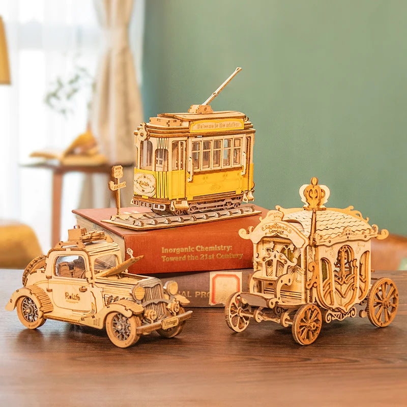 Vintage Car, Tramcar and Carriage - 3D Wooden Puzzle DIY Kit