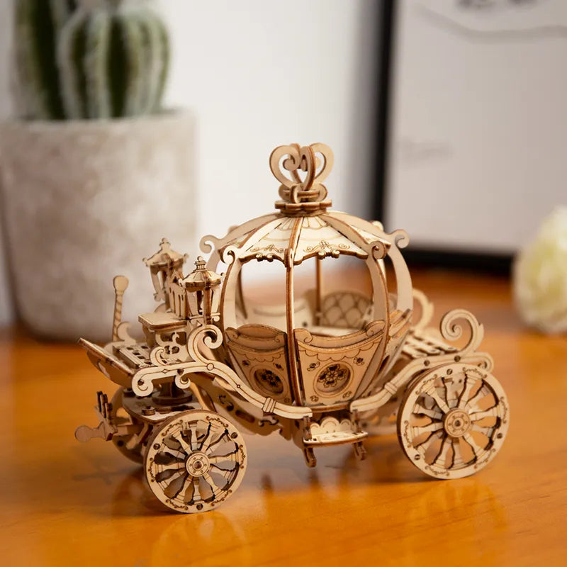 3D wooden puzzle Gramophone Box, Pumpkin Kart, Hot Air Balloon, Airship DIY KIT