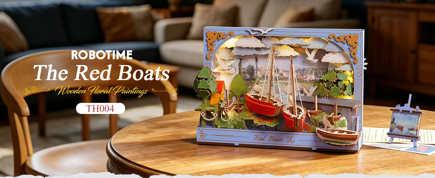 ROKR Red Boats 3D Wooden Puzzle – LED Wall Art DIY Model Kit, Monet-Inspired Home Decor & Gift for Adults
