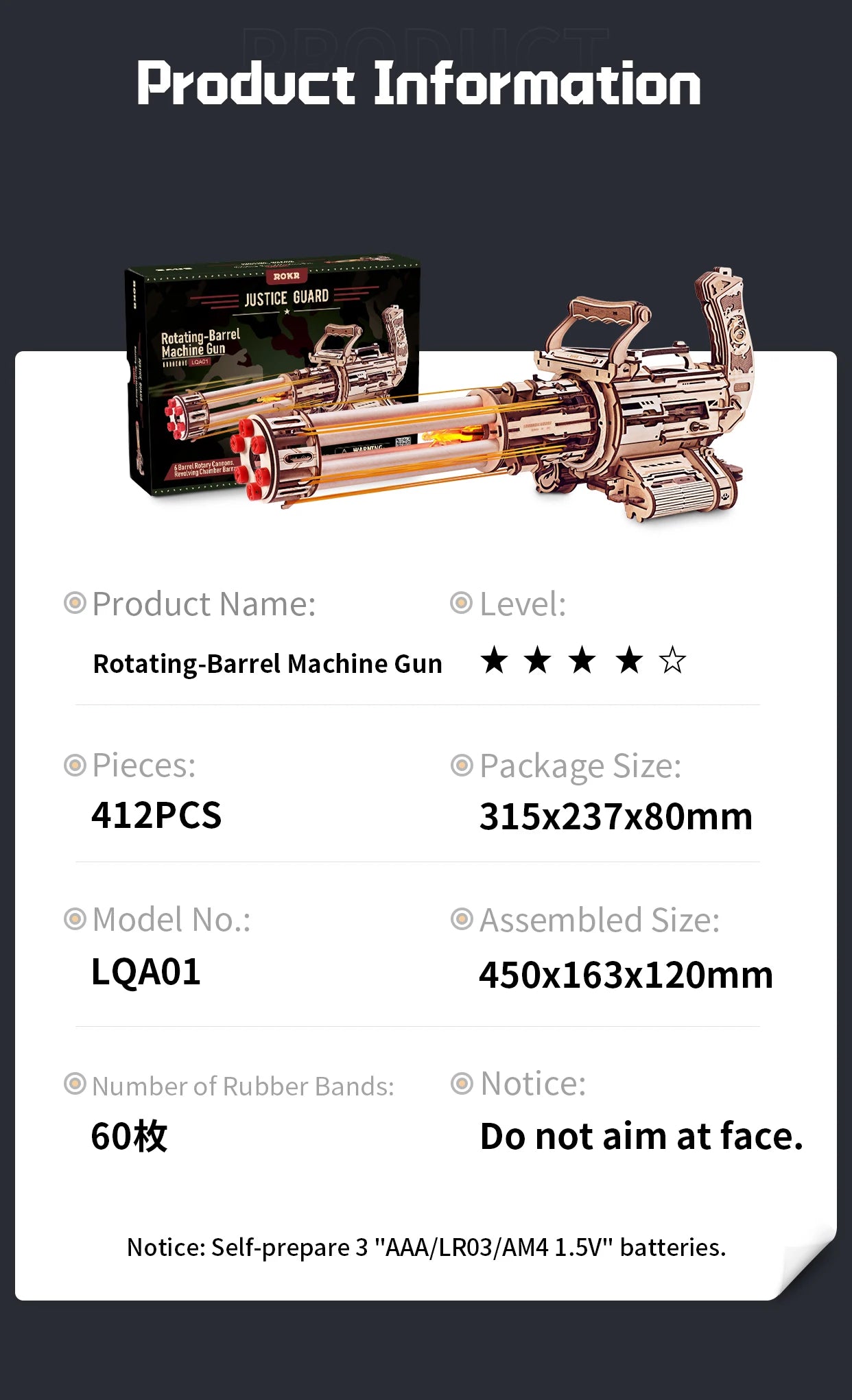 ROKR 3D Wooden Machine Gun Puzzle – Rotating Barrel with LED Light