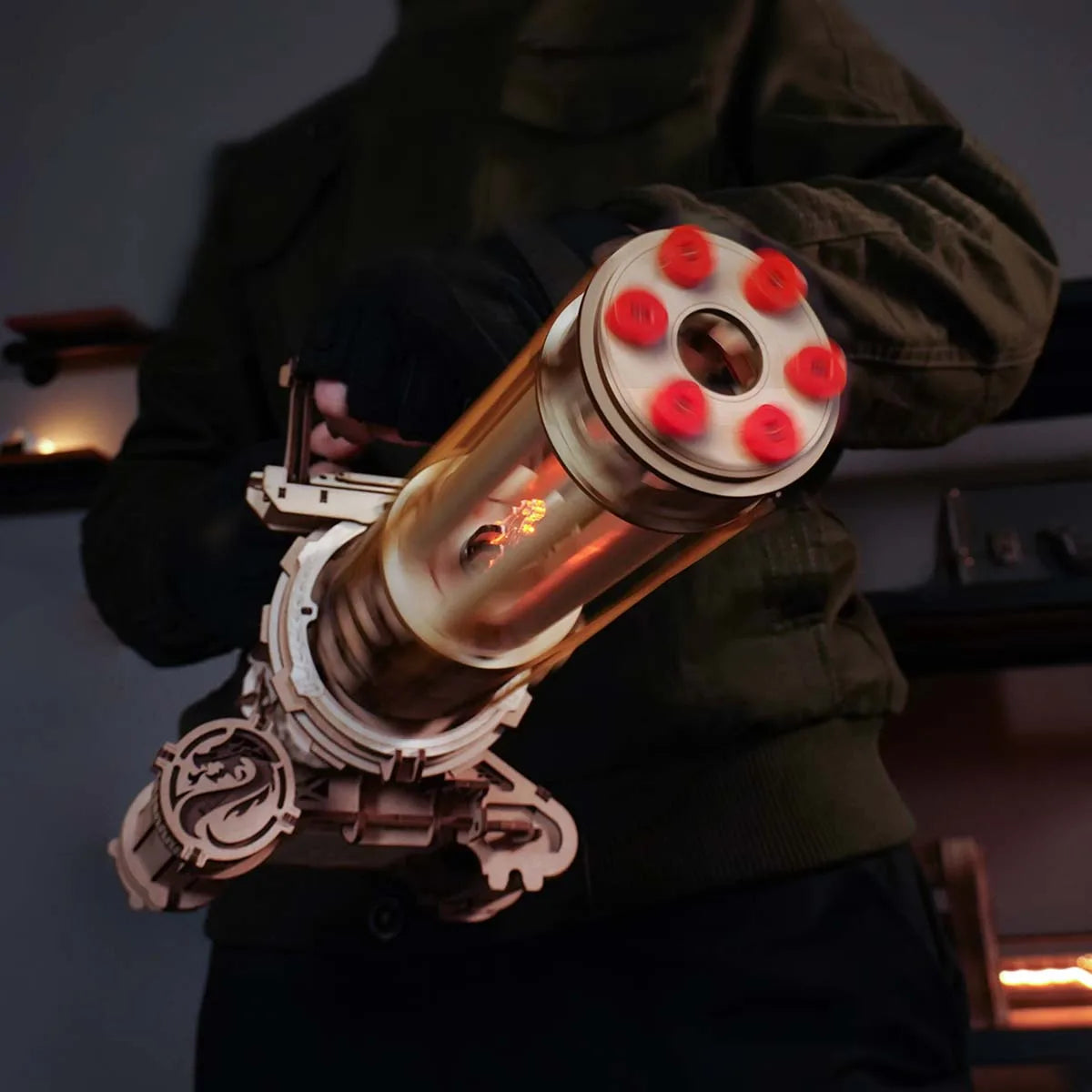 ROKR 3D Wooden Machine Gun Puzzle – Rotating Barrel with LED Light