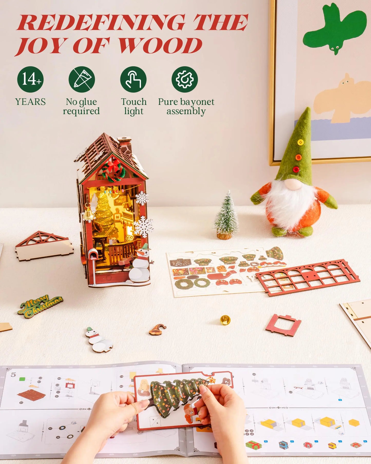 3D Wooden Puzzle Miniature Christmas House Bookshelf Decoration