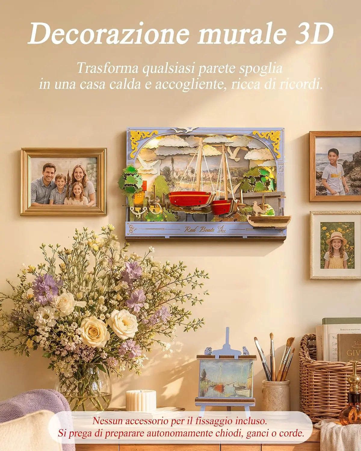 ROKR Red Boats 3D Wooden Puzzle – LED Wall Art DIY Model Kit, Monet-Inspired Home Decor & Gift for Adults
