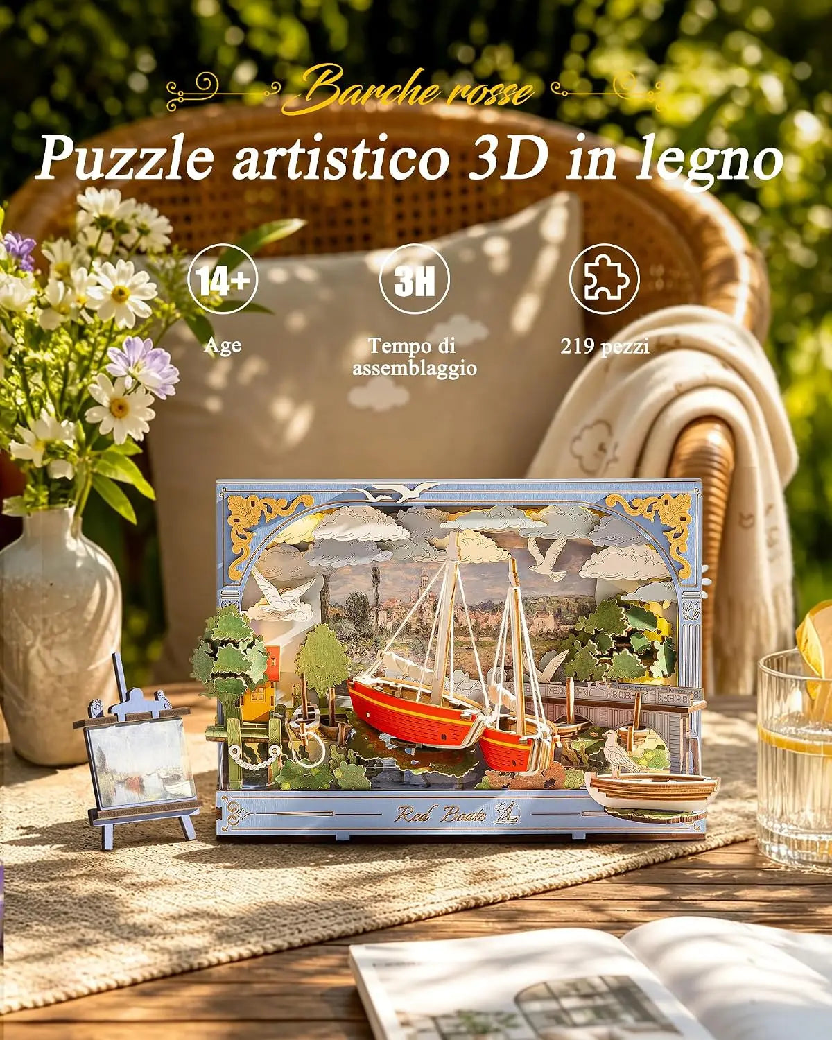 ROKR Red Boats 3D Wooden Puzzle – LED Wall Art DIY Model Kit, Monet-Inspired Home Decor & Gift for Adults