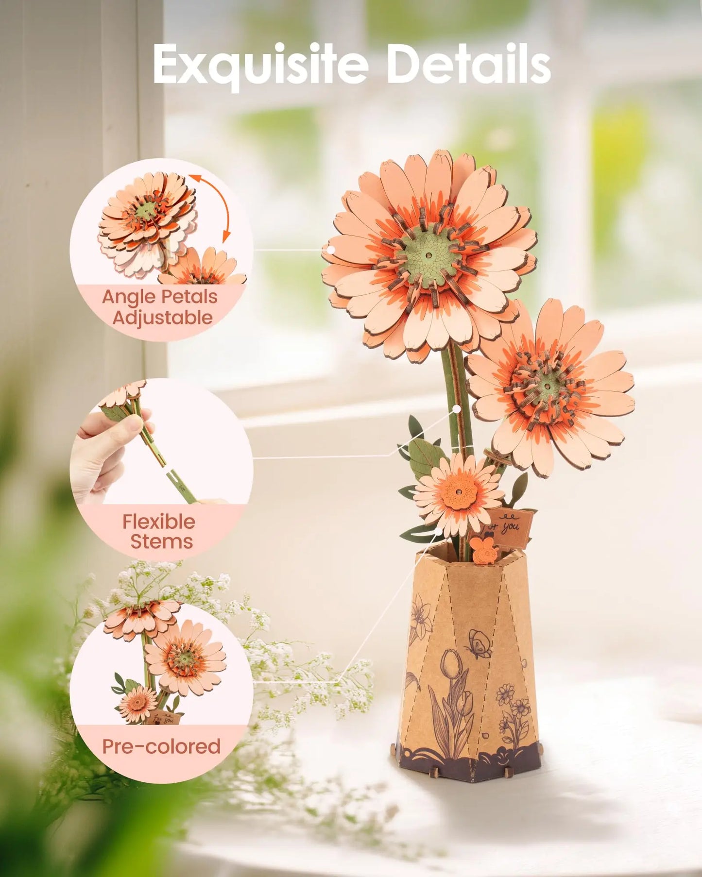 Rowood DIY 3D Wooden Flowers: Sakura & Gerbera Daisy Botanical Building Kit