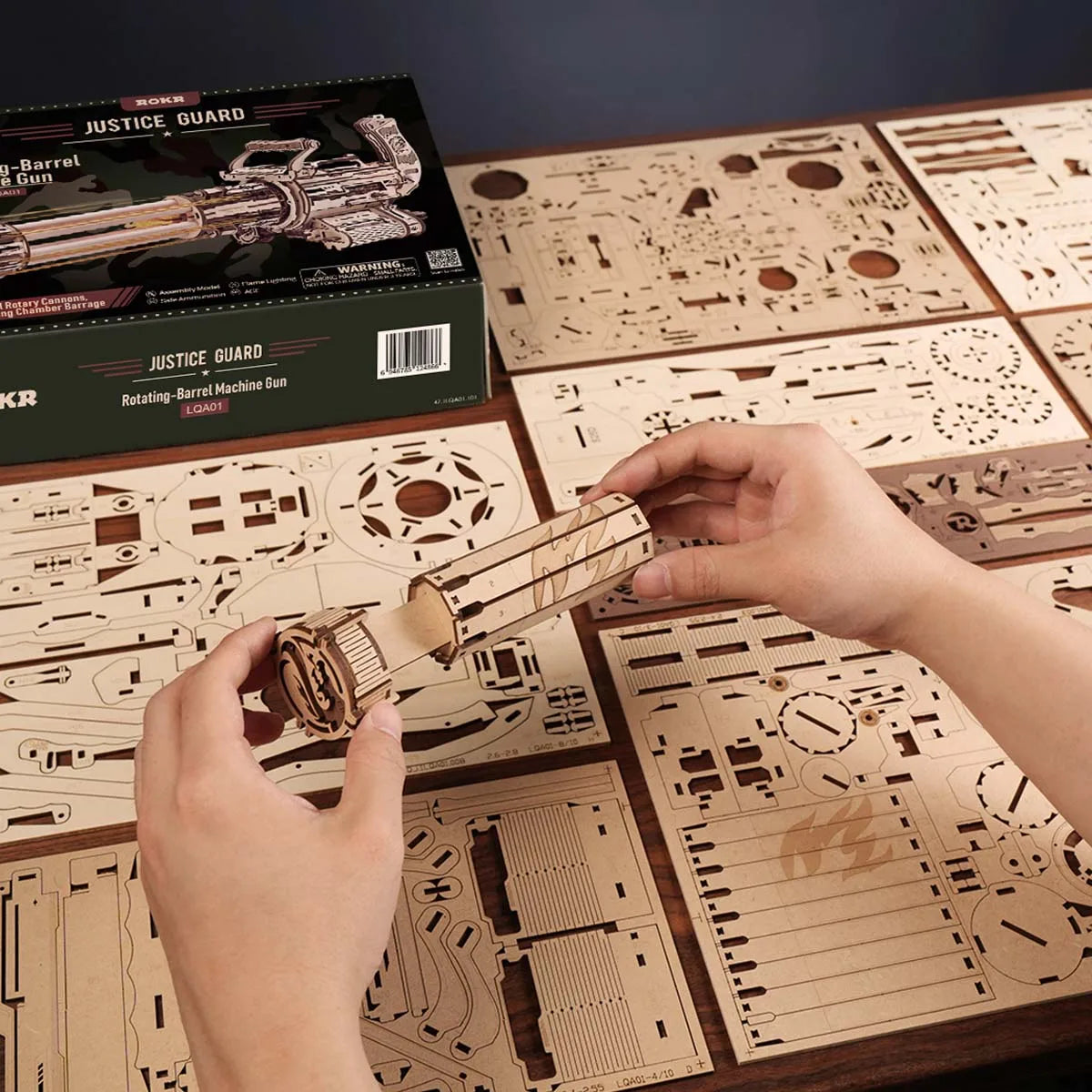 ROKR 3D Wooden Machine Gun Puzzle – Rotating Barrel with LED Light