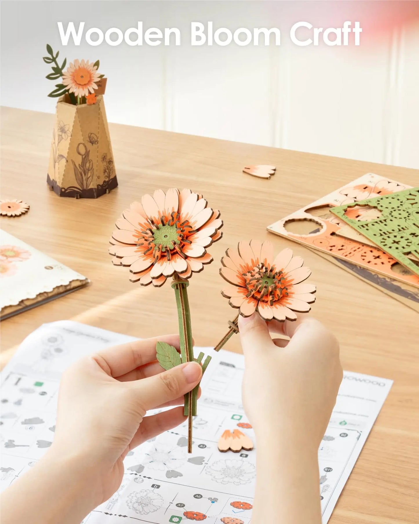 Rowood DIY 3D Wooden Flowers: Sakura & Gerbera Daisy Botanical Building Kit