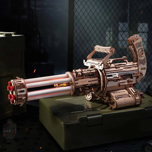 ROKR 3D Wooden Machine Gun Puzzle – Rotating Barrel with LED Light