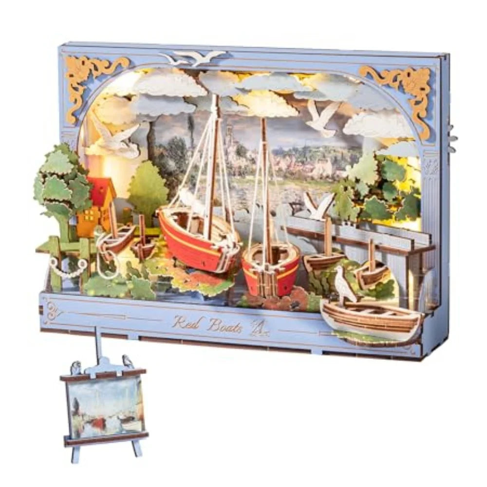 ROKR Red Boats 3D Wooden Puzzle – LED Wall Art DIY Model Kit, Monet-Inspired Home Decor & Gift for Adults