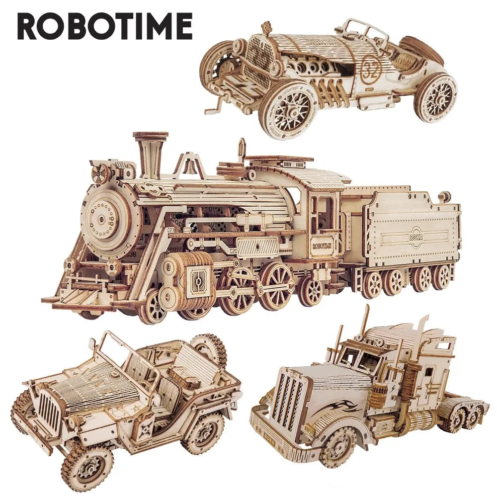 3D Wooden Puzzle Movable Steam Train Car Jeep DIY Model Kit