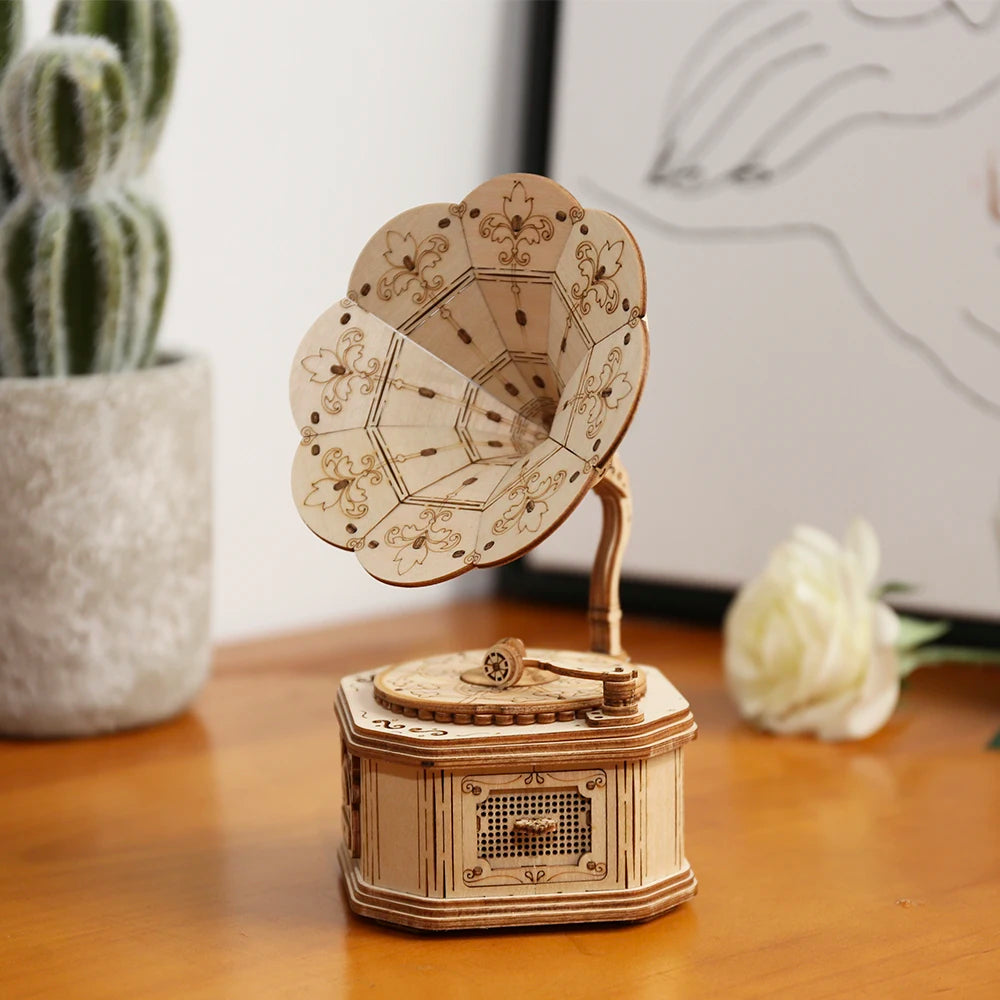 3D wooden puzzle Gramophone Box, Pumpkin Kart, Hot Air Balloon, Airship DIY KIT
